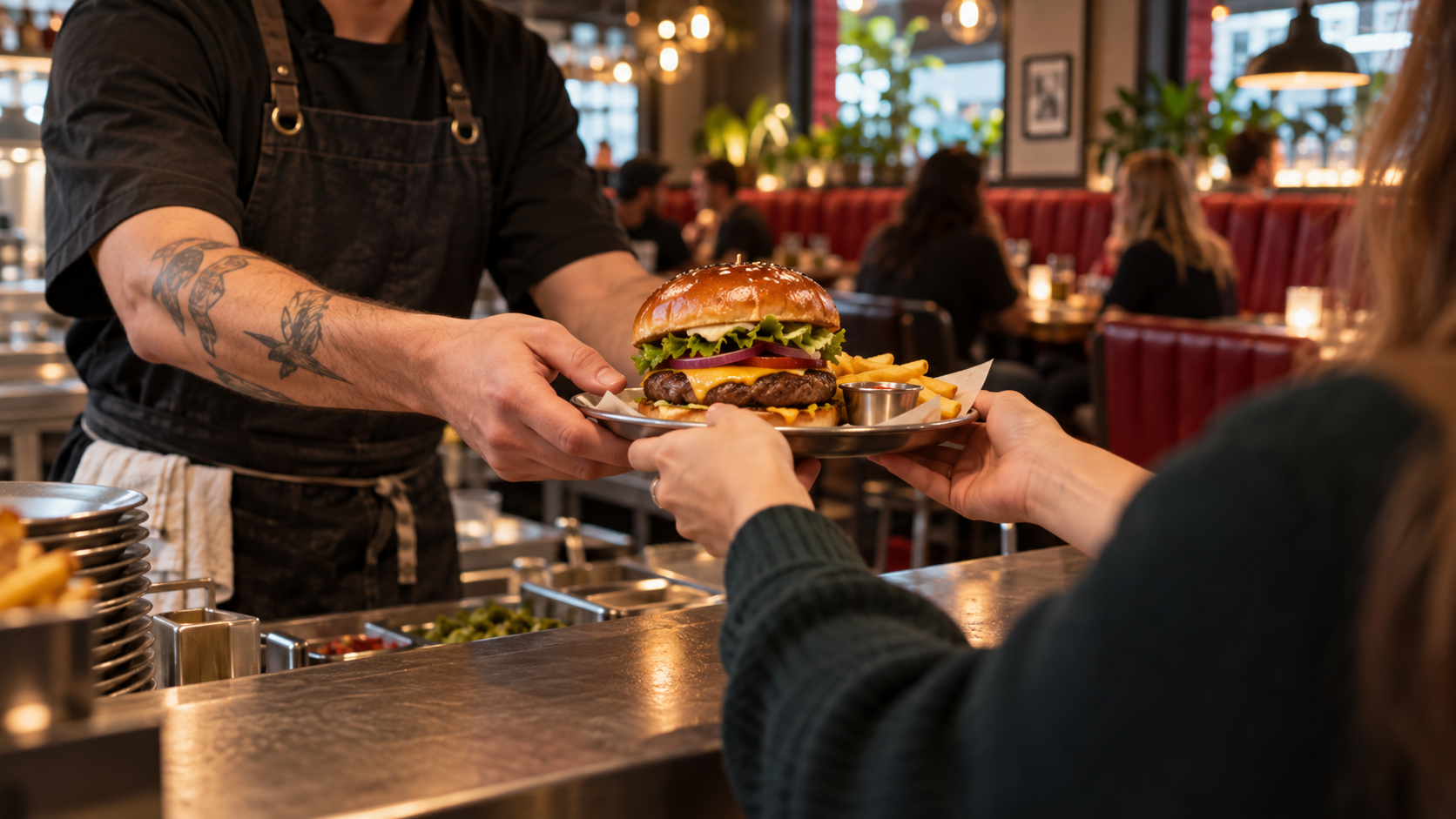 Cook handing a freshly made burger to a customer at a restaurant counter