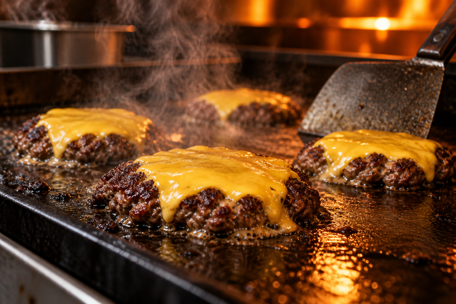 Smashed burger patties sizzling on a hot flat-top grill